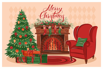 Christmas living room interior with fireplace, armchair, boxes with gifts, christmas tree and decorations. Merry Сhristmas lettering. Cozy winter vector illustration