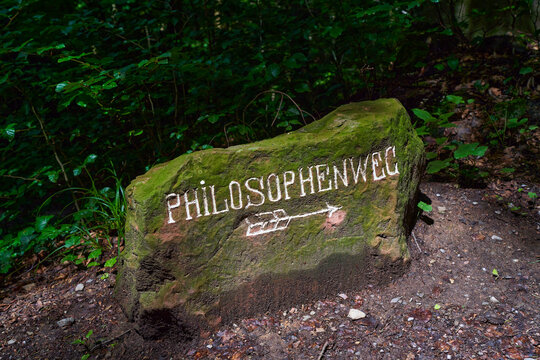a sign at the side of the path in the forest with word Philosophenweg, a beauty part of heidelberg