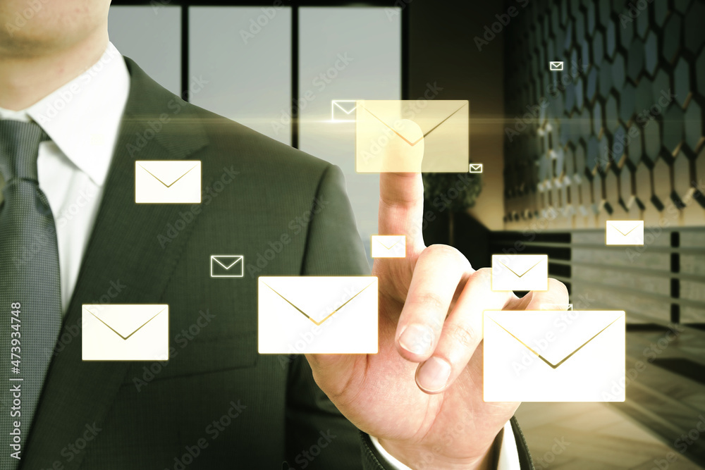 Poster close up of man hand pointing at creative glowing letters interface on blurry office interior backgr