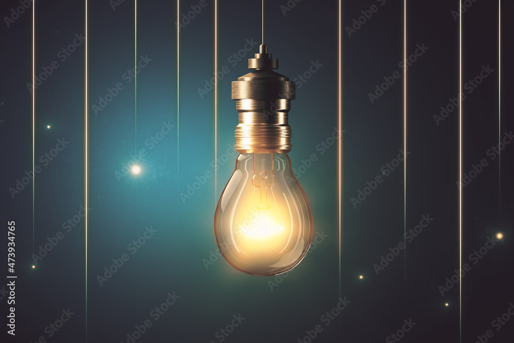 Poster Glowing light bulb on blue background with lines. Idea, innovation and success concept. 3D Rendering.