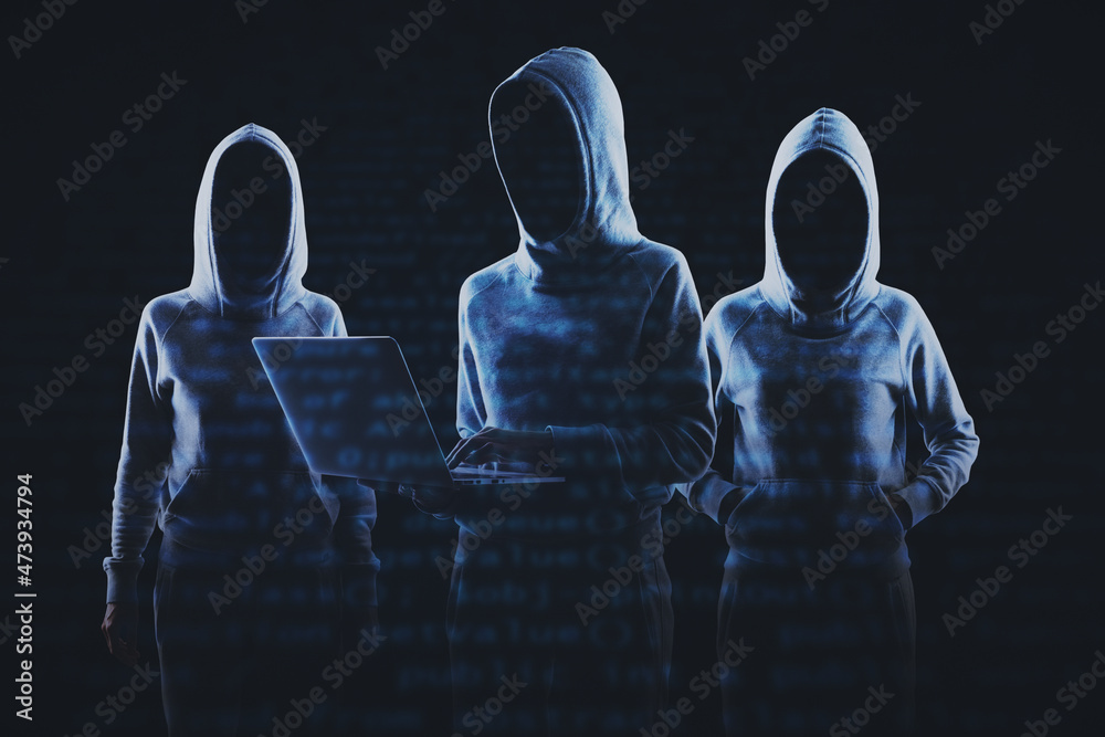 Aufkleber Creative image of a group of hackers in hoodies standing on abstract dark coding background. Malware, phishing and theft concept. Double exposure.