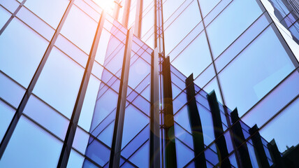 Modern office building with glass facade on a clear sky background. Transparent glass wall of office building and sunlight.