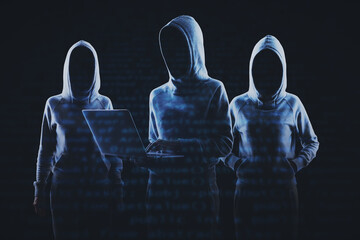 Creative image of a group of hackers in hoodies standing on abstract dark coding background....