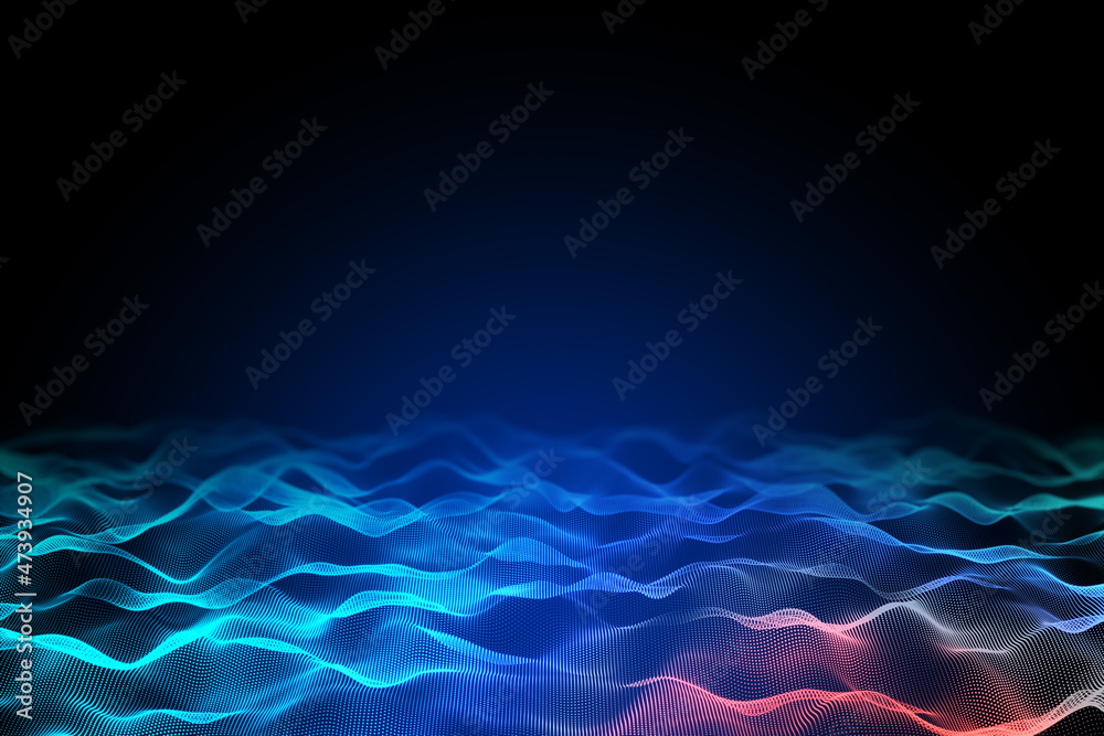 Poster Bright digital polygonal wave on dark wallpaper with mock up place. Technology and design concept. 3D Rendering.