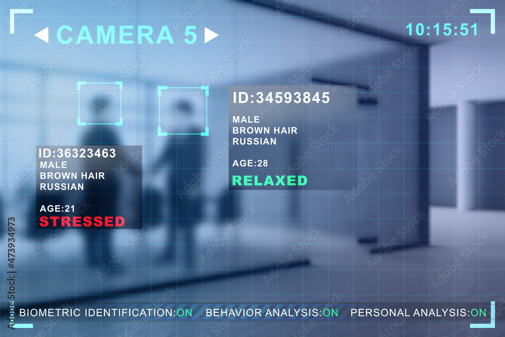 Poster abstract image of businessmen shaking hands in blurry office interior with camera cctv facial recogn