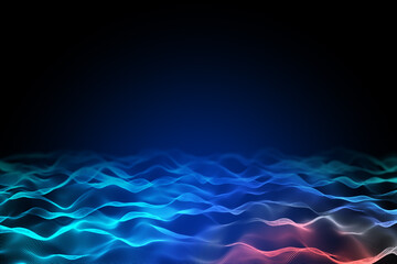 Bright digital polygonal wave on dark wallpaper with mock up place. Technology and design concept. 3D Rendering.