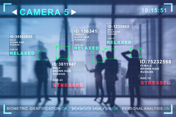 Fototapeta na wymiar Abstract image of businessmen and women in blurry office interior with camera cctv facial recognition interface. Biometric scanning and security concept. Double exposure.