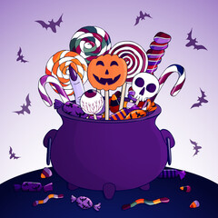 Trick or treat. Happy halloween. Witch's cauldron, candy and sweets on a background with bats. Vector illustration isolated on white background. Outline freehand drawn. Design holiday card