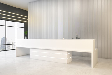 Fototapeta na wymiar Contemporary concrete office interior with white reception desk, window with city view and mock up place on wall. Lobby concept. 3D Rendering.