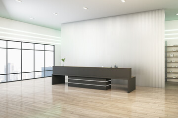 Modern concrete office interior with window and city view, wooden flooring, black reception desk and mock up place on wall. Lobby concept. 3D Rendering.