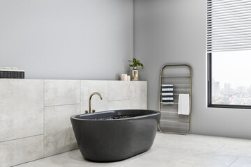 Naklejka na ściany i meble Modern concrete luxury bathroom interior with bright window and city view, various objects. Hotel and luxury home concept. 3D Rendering.