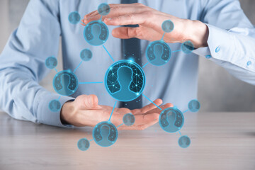 Businessman holding on hand icon of user man,woman low poly polygon style. Internet icons interface...