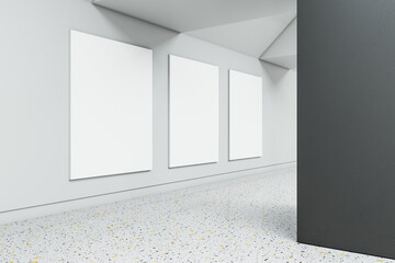 Contemporary concrete exhibition hall interior with daylight, mock up poster. Gallery and museum concept. 3D Rendering.
