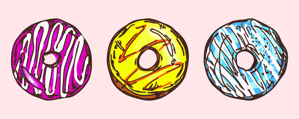 Simple donuts set vector illustration on the pink background. Pink strawberry glaze, yellow caramel donut, blueberry. Sweet morning dessert. Sugary fast food. Coffee dessert. Cartoon style. Bright.