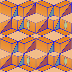 Abstract yellow background from geometric shapes. Seamless pattern of ovals, triangles and cubic elements for wallpaper, cover.