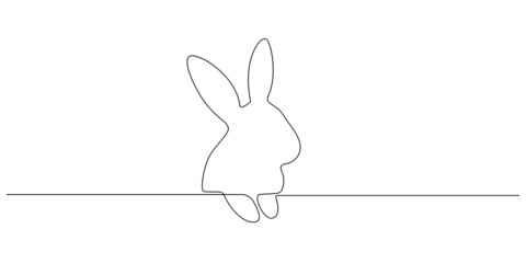 Continuous one line drawing of Easter Bunny. Cute rabbit silhouette with ears in simple linear style for spring design greeting card and web banner.Editable stroke. Doodle Vector illustration