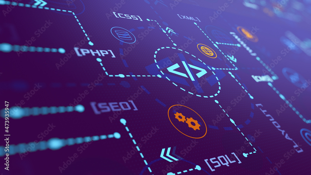 Wall mural infographic animation, web development concept with keywords and icons (3d render)