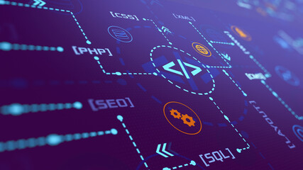 infographic animation, web development concept with keywords and icons (3d render)