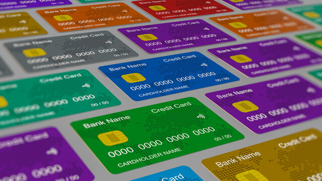top view of a grid of colorful credit cards (3d render)