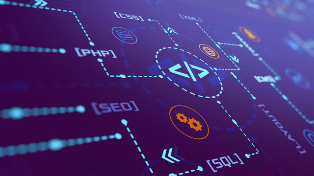 infographic animation, web development concept with keywords and icons (3d render)