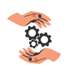Technical support concept. Gears in hands. Vector illustration flat design. Isolated on white background.