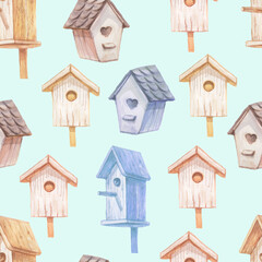 
Birdhouses wooden birds forest red cardinal sviestel patern seamless hand drawn watercolor, new year, christmas, nature print textile background