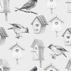 
Birdhouses wooden birds forest red cardinal sviestel patern seamless hand drawn watercolor, new year, christmas, nature print textile background