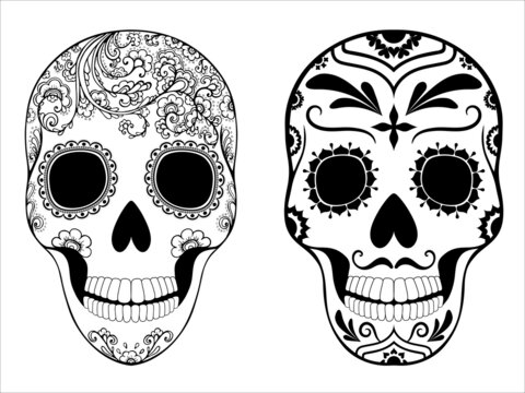 Floral Day of the Dead Sugar Skull in Mexico. Dia de los Muertos Mexican national holiday Freehand drawn femal, male head. Pattern. Vector illustration isolated on white background. Coloring book page