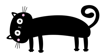 Black cat. Cute kawaii cartoon baby pet character. Long body. Cute kitten head face looking up. Happy Halloween. Greeting card print. Flat design. White background. Isolated.