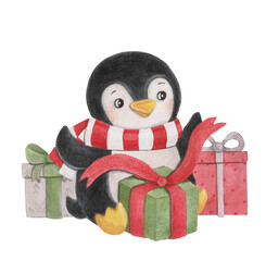 Watercolor illustration of a penguin with many presents. For other decoration. 