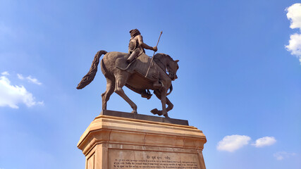 Statue of Rajasthani freedom fighter Veer Durgadaas Rathore with copy space blue sky