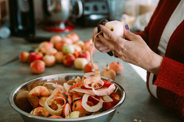 Hands pealing apples on the kitchen counter