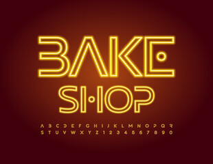 Vector trendy logo Bake Shop with stylish Neon Font. Gold glowing Alphabet Letters and Numbers set