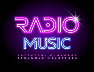 Vector trendy flyer Radio Music with creative neon Font. Violet Illuminated Alphabet Letters and Numbers set