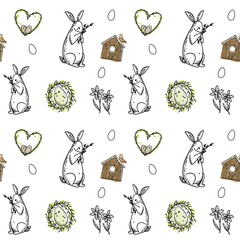 Cute Easter doodle seamless pattern with bunny, basket, easter eggs, and candles. Vector hand drawn illustration