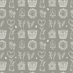 Cute Easter doodle seamless pattern with bunny, basket, easter eggs, and candles. Vector hand drawn illustration