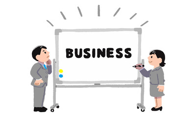 Fototapeta premium ビジネスと書かれたホワイトボードを見るスーツ姿の男性女性