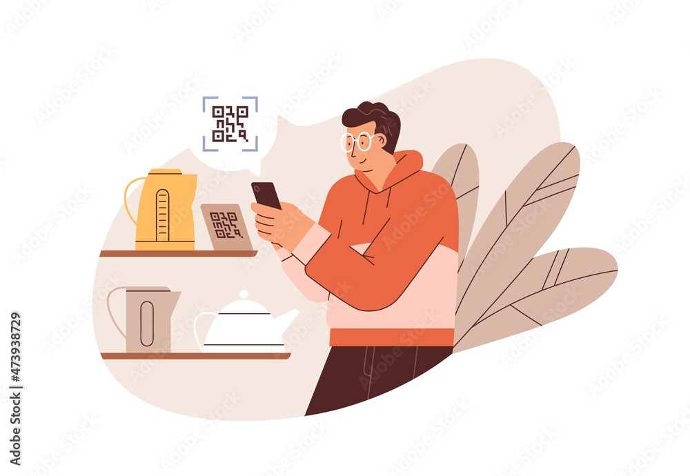 Poster Customer scanning QR with mobile code reader app on smartphone to get information about product. Buyer with phone receiving data from barcode. Flat vector illustration isolated on white background