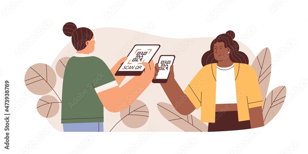 Aufkleber Seller scanning QR code with mobile scanner for client id. Customer with phone getting discount and bonus for points with smartphone app in shop. Flat vector illustration isolated on white background