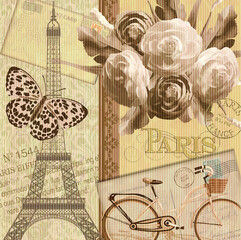 Paris vintage background with roses, Eiffel Tower and bicycle.