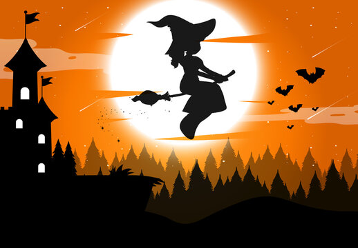 Halloween night background with witch silhouette