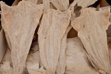 Close up of stockfish at market stand in Sicily, Italy.