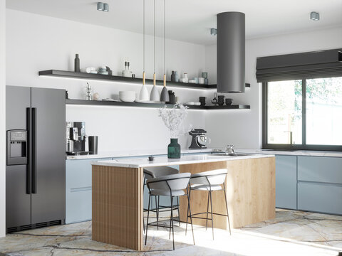 3d rendering of modern wooden and blue kitchen interior design.