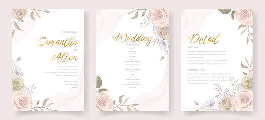 Fototapeta na wymiar Wedding invitation template set with floral and leaves decoration