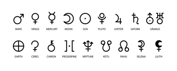 Planet symbol. Vector black sign on white. Mars, venus, mercury and moon. Sun, pluto, jupiter and saturn. Uranus, earth, ceres and chiron. Proserpine, neptune, ketu and rahu. Selena and lilith - obrazy, fototapety, plakaty
