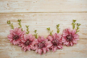 Pink Flower bouquet with space copy on wooden background