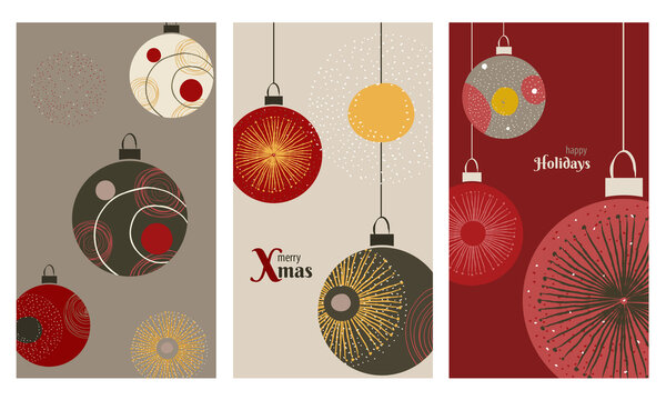 Vertical backgrounds with shiny christmas balls decor. Elegant and trendy greeting postcards with fireworks decoration, perfect for social media backgrounds in red, gold, pink, gray and white colors.