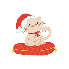 Vector cartoon cute kitty in santa hat sit on red pillow. Isolated illustration for greeting christmas and winter holidays. Funny cat for nursery, childish print, design, gifts.