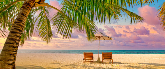 Exotic beach. Chairs on the sandy beach sea shore. Summer holiday and vacation concept for tourism....