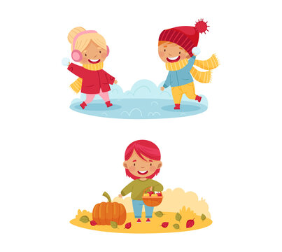 Outdoor seasonal activities set. Cute kids skating on rink and picking mushrooms vector illustration